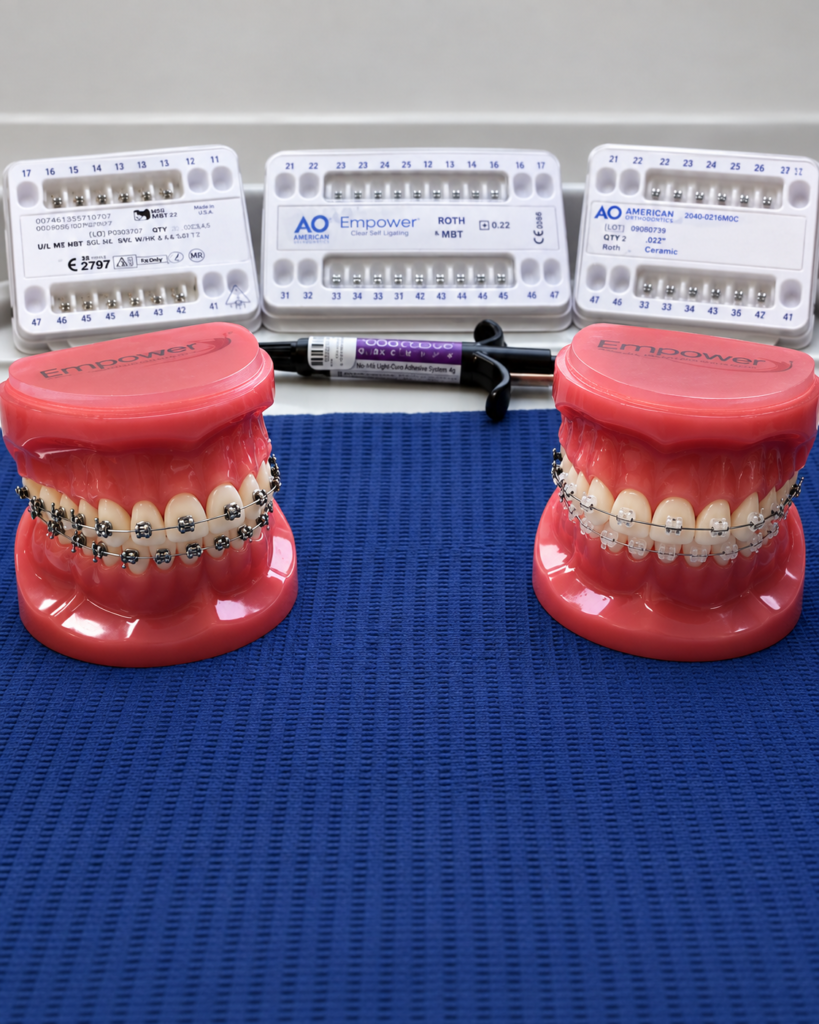 Modelos demostrativos con brackets metálicos y estéticos
